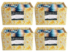 Kuber Industries Flower Printed Non-Woven Foldable Saree Stacker, Wardrobe Organizer, Storage Bin With Handle- Pack of 4 (Yellow)-HS43KUBMART26394