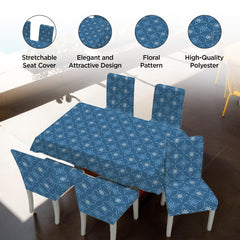 Kuber Industries Set of 7 Waterproof & Oil Repellent Dining Table Chair Cover 6 Seater Full Set | Washable & Dustproof Table & Seat Cover Protector Slipcover for Home | Blue Floral