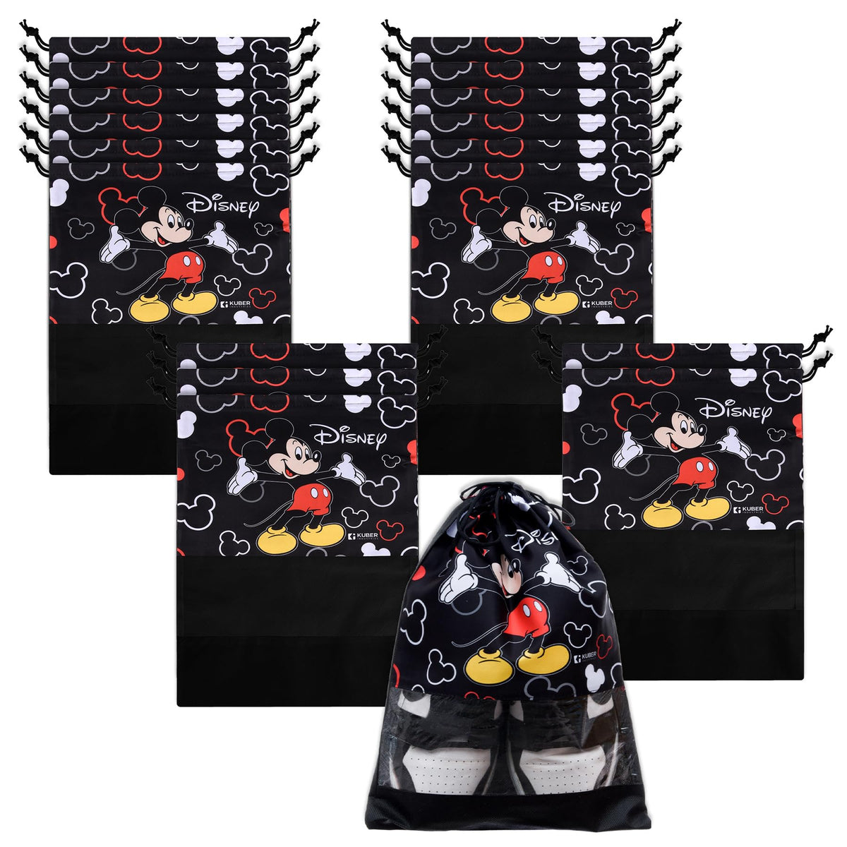 Kuber Industries Disney Mickey Shoe Cover | Travel Shoe Storage Bags | Polyester Storage Bag | Drawstring Shoe Cover | Shoe Organizer with Clear Window | Pack of 18 | Black