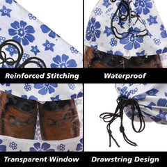 Heart Home Shoe Cover | Travel Shoe Storage Bags | Non-Woven Storage Bags | Shoe Cover with Drawstring | Shoe Organizer with Clear window | Blue Flower-Design | Pack of 24 | White