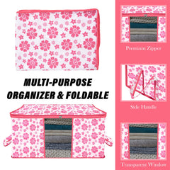 Heart Home Underbed Storage Bag | Clothes Storage Organizer | Blanket Cover with Clear Window | Zipper Closure & Handle Cloth Organizer | Flower-Design | Large | Pack of 3 | Pink
