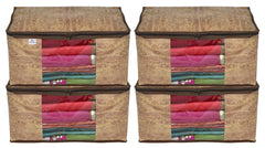 Heart Home Wooden Print 4 Piece Non Woven Fabric Saree Cover/Clothes Organiser For Wardrobe Set with Transparent Window, Extra Large (Brown)