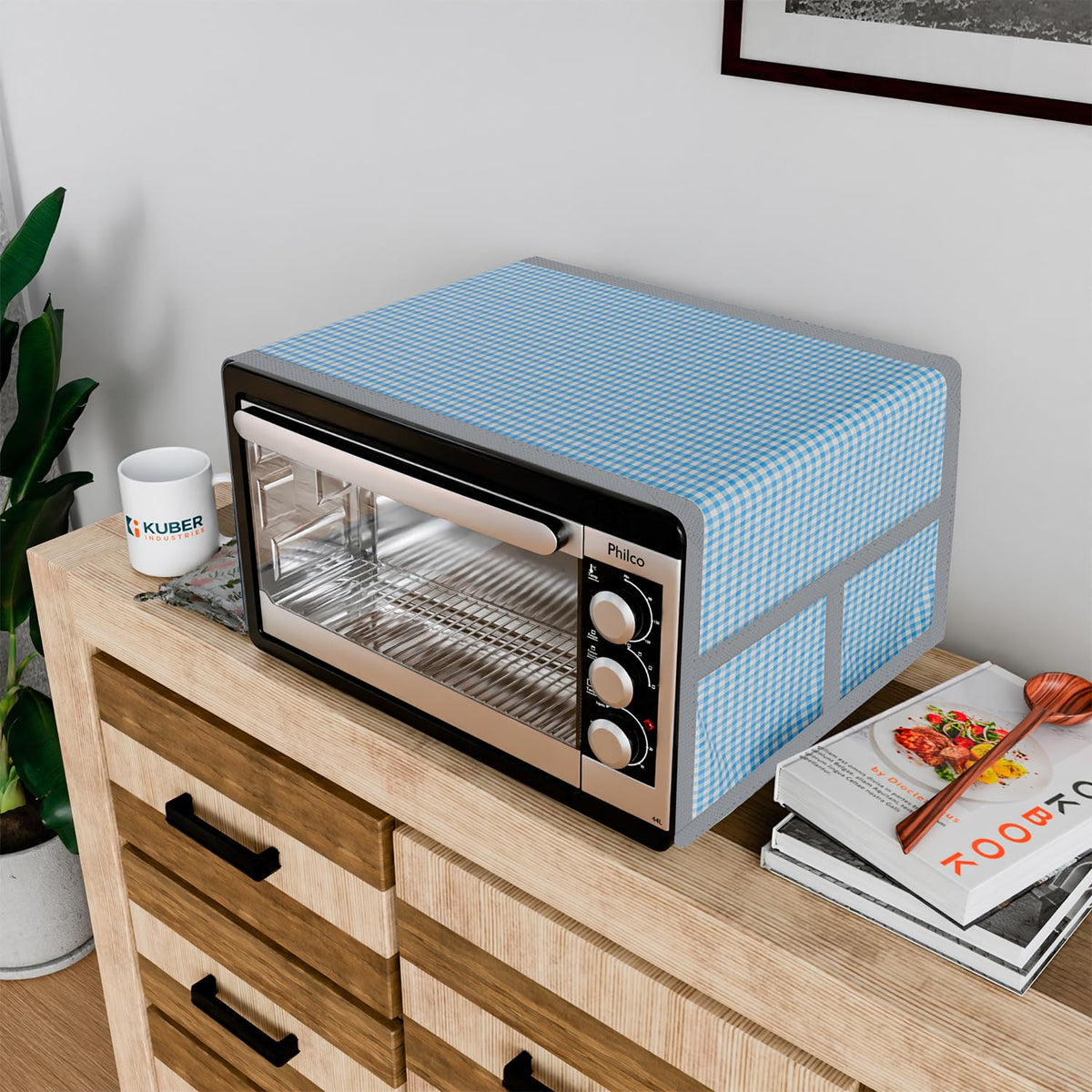 Heart Home Oven Top Cover | Microwave Oven Top Cover | Microwave Cover with 4 Utility Pockets | Oven Cover for Kitchen Décor | Sunflower Oven Top Cover | Blue