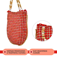 Kuber Industries Potli | Silk Wedding Potli | Wallet Potli | Christmas Gift Potli | Baby Shower Potli | Traditional Embroidery Potli | Shagun Potli | Double Handle Zip-Potli | Red