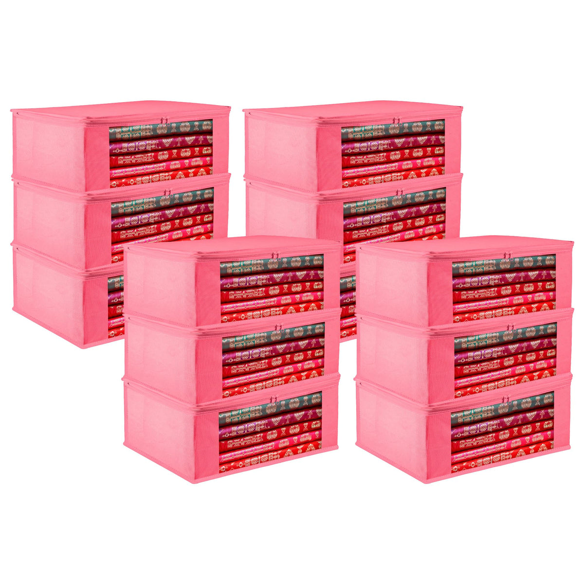 Heart Home Saree Cover | Clothes Storage Bag | Storage Organizer Bag | Zip Closure Saree Cover | Wardrobe Organizer | Plain Transparent Window Saree Cover | 6 Inch | Pack of 12 | Pink