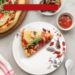 Kuber Industries 32 Pieces Round Melamine Microwave & Dishwasher Safe Dinnerware Kitchen Crockery Set | Glossy Dinner Sets & Kitchen Set for Home | Deluxe Red Gray Leaf - White