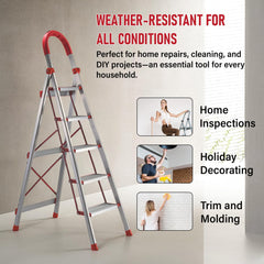 Kuber Industries 5 Step Heavy-Duty Foldable Aluminium Ladder with Wide Pedals and Hand Grip for Home and Office Use | Anti Slip Step Staircase for Home | Supports 150+ Kgs | Silver & Red