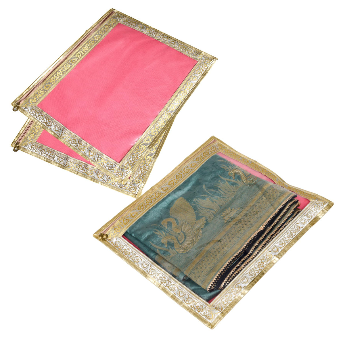 Heart Home Saree Cover | Clothes Storage Bag | Single Packing Saree with Zip Closure | Wardrobe Organizer | Cloth Stoarge Organizer | 4 Side Lace Saree Cover | Pack of 3 | Light Pink