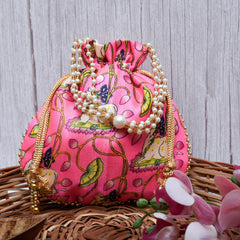 Heart Home Potli|Silk Wedding Potli|Wallet Potli|Christmas Gift Potli|Baby Shower Potli|Traditional Shagun Potli|Drawstring with Beads Handle Potli|Cow-Design Patli Potli|Pink