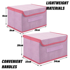 Heart Home Drawer Storage Box | Zig Zag Dhakkan Storage Box | Non-Woven Clothes Organizer | Storage Box with Handle | S | M | Pack of 2 | Pink