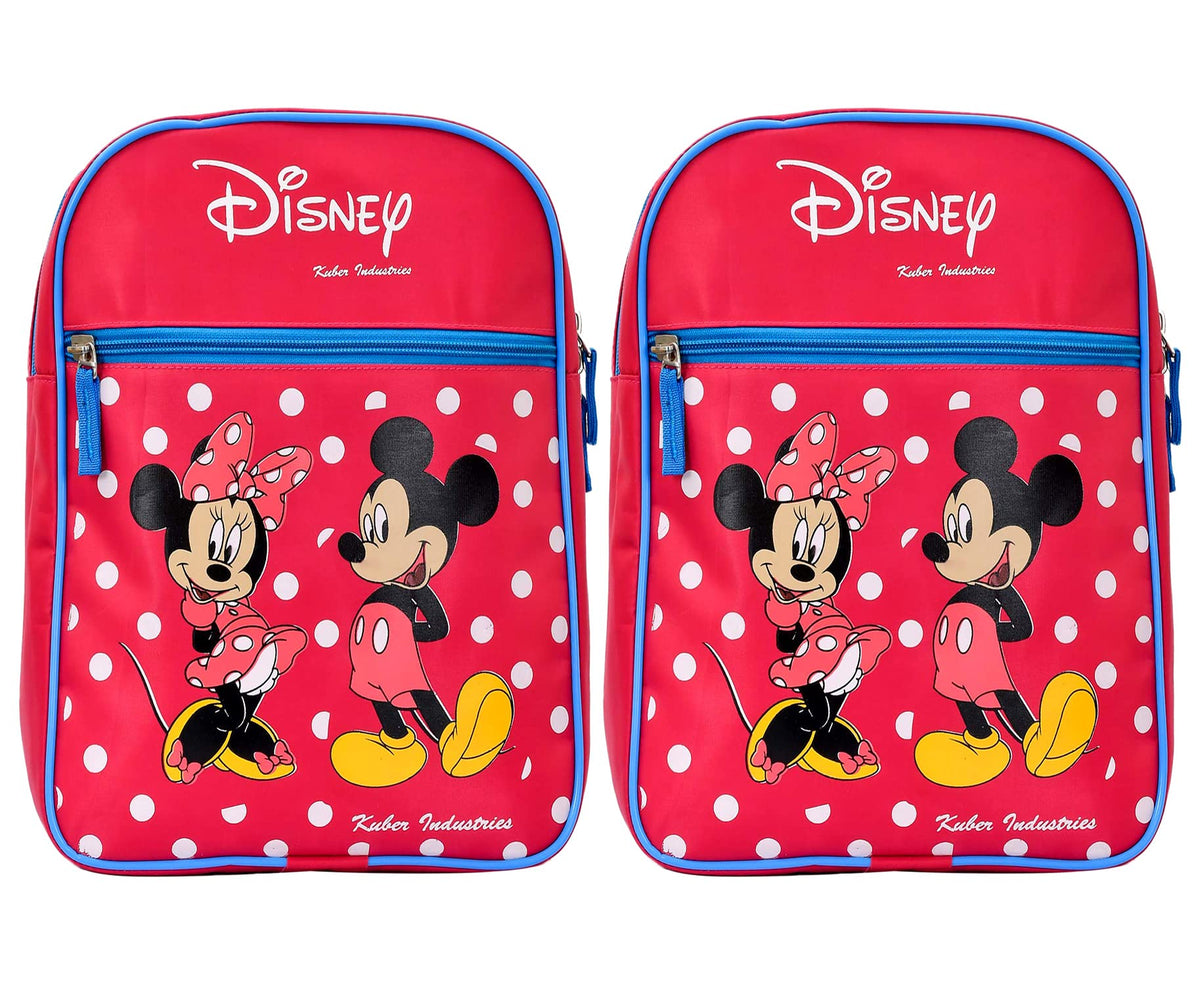 Kuber Industries Mickey & Minnie Print Rexine Lightweight, Portable School Bag, Backpack, Bookbag For Kids Pack of 2 (Pink)