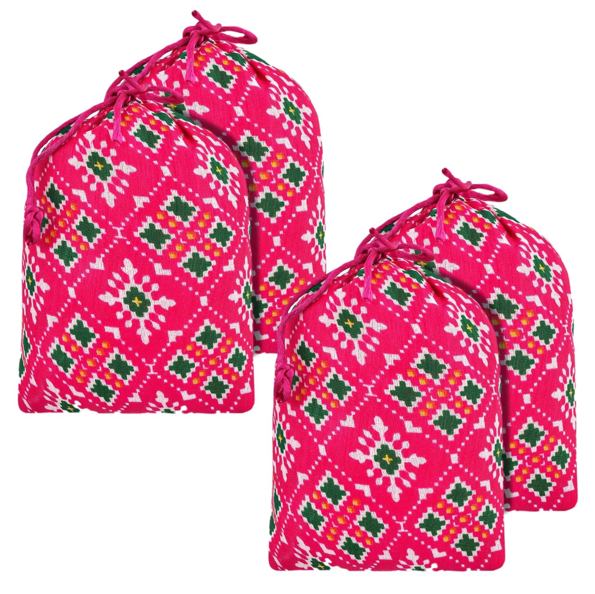 Kuber Industries Potli | Silk Wedding Potli | Drawstring Closure Potli | Wallet Potli | Christmas Gift Potli | Baby Shower Potli | Small-Patola-Print Potli | 5x7 Inch | Pack of 4 | Rani
