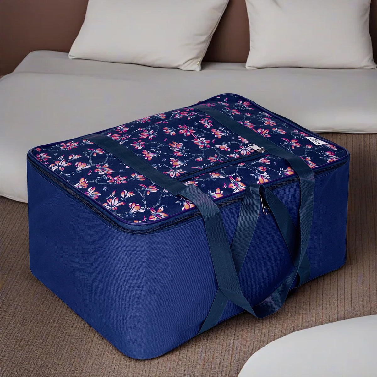 Heart Home Storage Bag | Clothes Storage Attachi Bag | Underbed Storage Bag | Zipper Storage Bag | Wardrobe Organizer with Handle | Travel Attachi Bag | Flower-Print | Small | Navy Blue