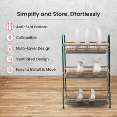 Kuber Industries 3-Layer Dish Drying Rack|Storage Rack for Kitchen Counter|Drainboard & Cutting Board Holder|Premium Utensils Basket Pack of 4 (Dark Green & Gold)