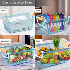 Homestic Metal Mesh Basket for Storage with wooden handle | 360gm | Fruit basket for kitchen | Kitchen organizer | Baskets for organizing home and kitchen | Multipurpose | Blue