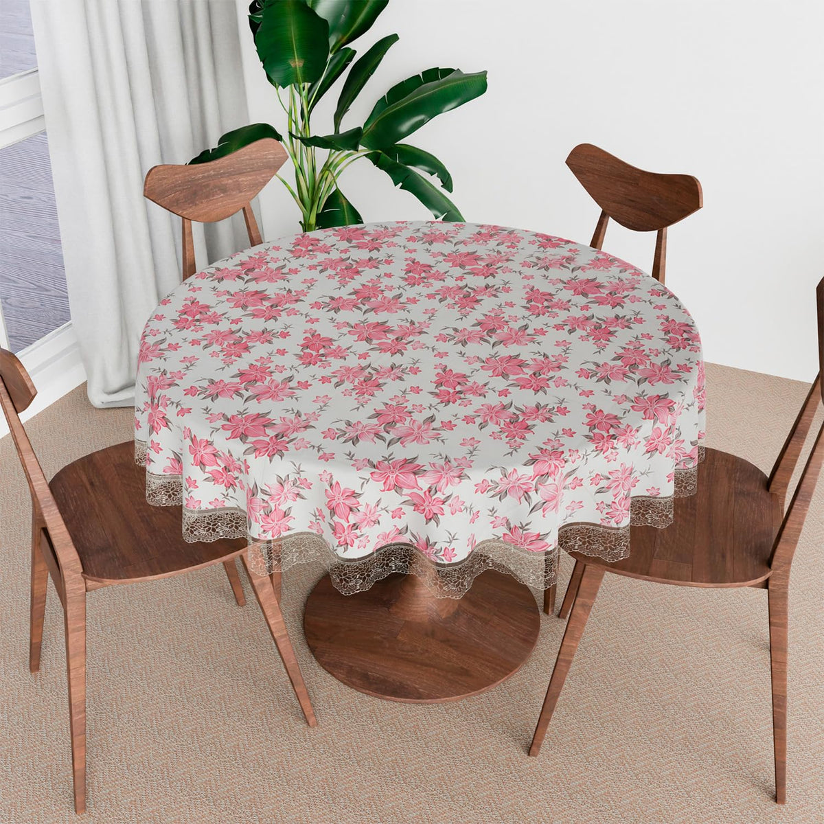 Heart Home Round Table Cover | Table Cloth for Round Tables | 4 Seater Round Table Cloth | Barik Flower Kitchen Dining Tablecloth | Tabletop Cover | 60 Inch | Pink