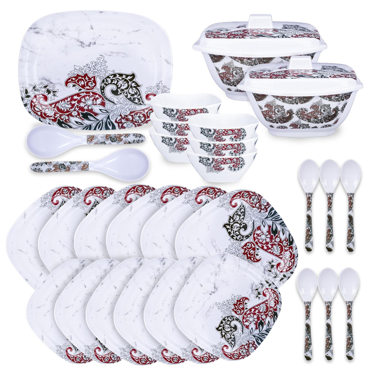 Heart Home 31 Pieces Square Unbreakable Microwave & Dishwasher Safe Melamine Dinnerware Kitchen Crockery Set | Glossy Dinner Sets & Kitchen Set for Home | Keri Floral - White Bowl