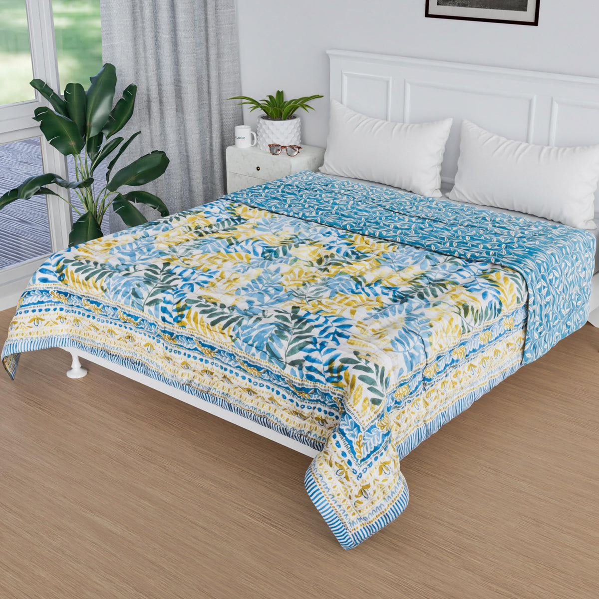 Heart Home Razai | Cotton Single Bed Blanket Rajai | Bedspread Quilt Set | Blanket for winter | Blanket for Bed | Bedding Comforter | Leaf Mul Mul Razai | Blue