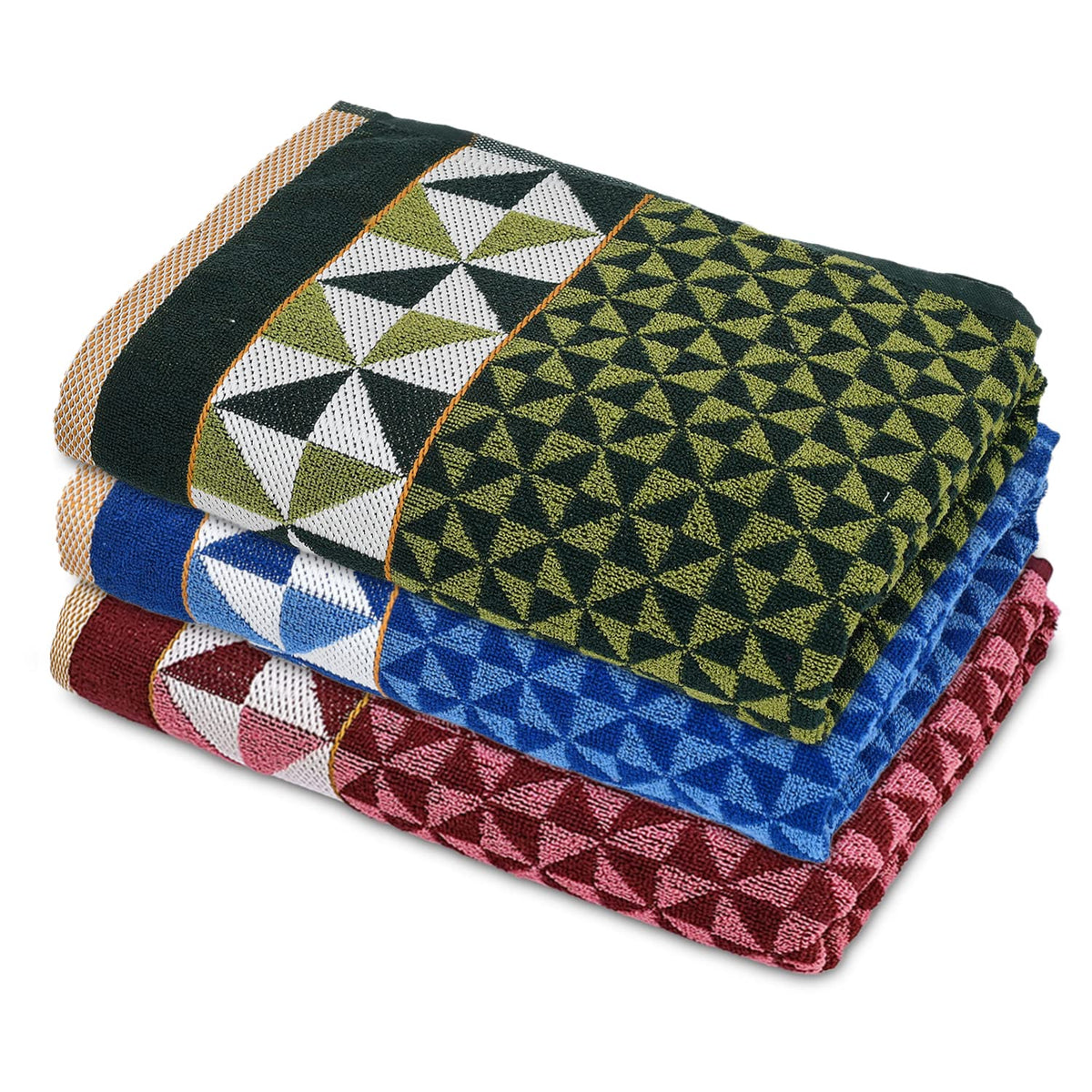 Heart HomeTringle Printed Super Soft, Fluffy, and Absorbent, Cotton Bath Towel Perfect for Daily Use, 30"x60"- Pack of 3 (Blue & Maroon & Green)