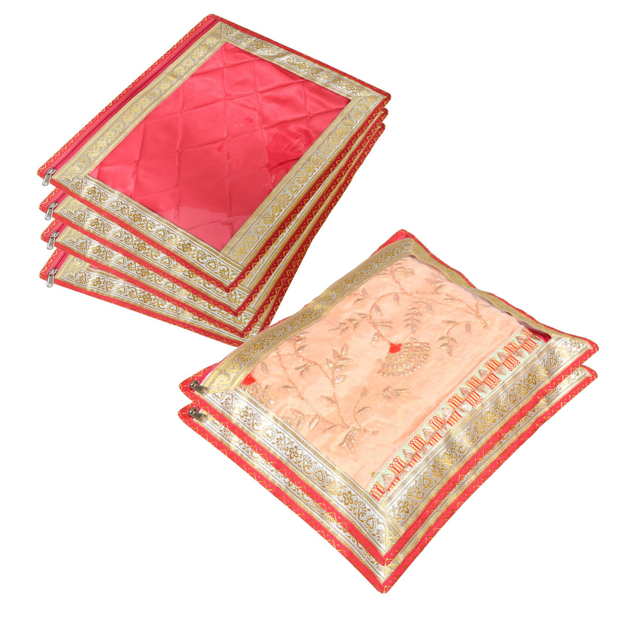 Heart Home Saree Cover | Clothes Storage Bag | Single Packing Saree with Zip Closure | Wardrobe Organizer | Cloth Stoarge Organizer | 4 Side Lace Saree Cover | Pack of 6 | Pink