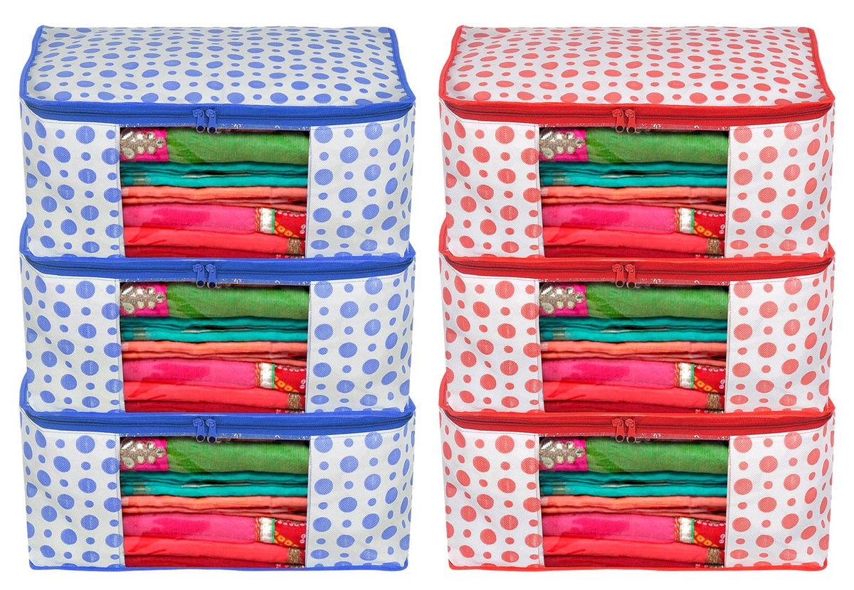 Kuber Industries Dot Printed Non-Woven Saree Cover, Cloth Organizer, Wardrobe Organiser With Tranasparent Window- Pack of 6 (Blue & Pink)-46KM0510