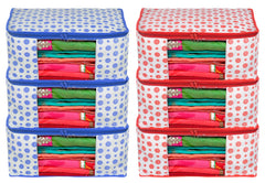 Kuber Industries Dot Printed Non-Woven Saree Cover, Cloth Organizer, Wardrobe Organiser With Tranasparent Window- Pack of 6 (Blue & Pink)-46KM0510