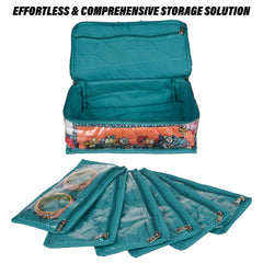 Heart Home Jewellery Kit | Travel Makeup Organizer | Zipper Clouser Cosmetic Kit | 6 Pouch Jewellery Kit | Cosmetic Bag for Women | Bow Flower Jewellery Kit | Sea Green