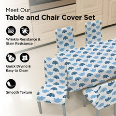 Kuber Industries Set of 7 Waterproof & Oil Repellent Dining Table Chair Cover 6 Seater Full Set | Washable & Dustproof Table & Seat Cover Protector Slipcover | Floral Leaf Pattern Blue