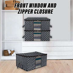 Heart Home Underbed Storage Bag | Clothes Storage Organizer | Blanket Cover with Clear Window | Zipper Closure & Handle Cloth Organizer | Check-Design | Large | Pack of 4 | Black