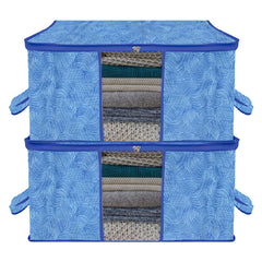 Heart Home Underbed Storage Bag | Clothes Storage Organizer | Blanket Cover with Clear Window | Zipper Closure & Handle Cloth Organizer | Lahariya-Design | Large | Pack of 2 | Blue