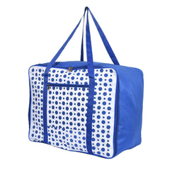 Heart Home Dot Printed Large Size Lightweight Foldable Rexine Jumbo Underbed Storage Bag With Zipper And Handle (Blue & White)