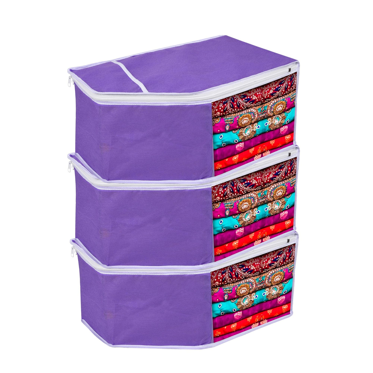 Heart Home Blouse Storage Bag | Clothes Storage Bag | Visible Window Wardrobe Bag | Clothes Organizer | Blouse Cover Bag for Travel | White Piping | Pack of 3 | Purple