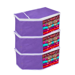 Heart Home Blouse Storage Bag | Clothes Storage Bag | Visible Window Wardrobe Bag | Clothes Organizer | Blouse Cover Bag for Travel | White Piping | Pack of 3 | Purple
