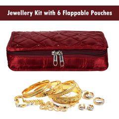 Kuber Industries Jewellery Kit | Satin Jewellery Storage Kit | Moti Beads Jewellery Kit | Cosmetic Kit with 6 Flappable Pouches | Travel Kit for Necklace | Rings | Bracelet | Maroon