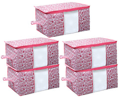 Kuber Industries Leaf Design Non Woven 5 Pieces Underbed Storage Bag, Storage Organiser, Blanket Cover (Pink)-CTKTC21208