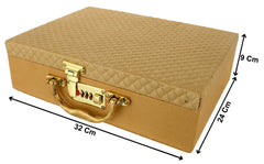 Kuber Industries 3 Rods Bangle Organizer Box Soft Leather Coated Jewelry Storage Case With Small Mirror & Lock System (Gold)