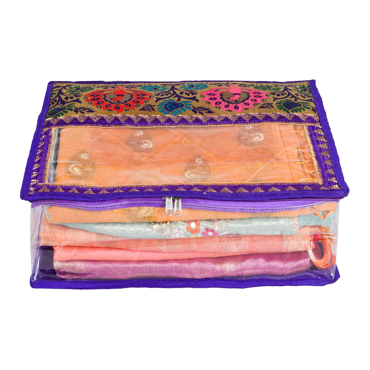 Heart Home Saree Cover | Clothes Storage Bag | Storage Organizer Bag | Zip Closure Saree Cover | Wardrobe Organizer | Carry Half Lace Transparent Saree Cover | 6 Inch | Royal Blue