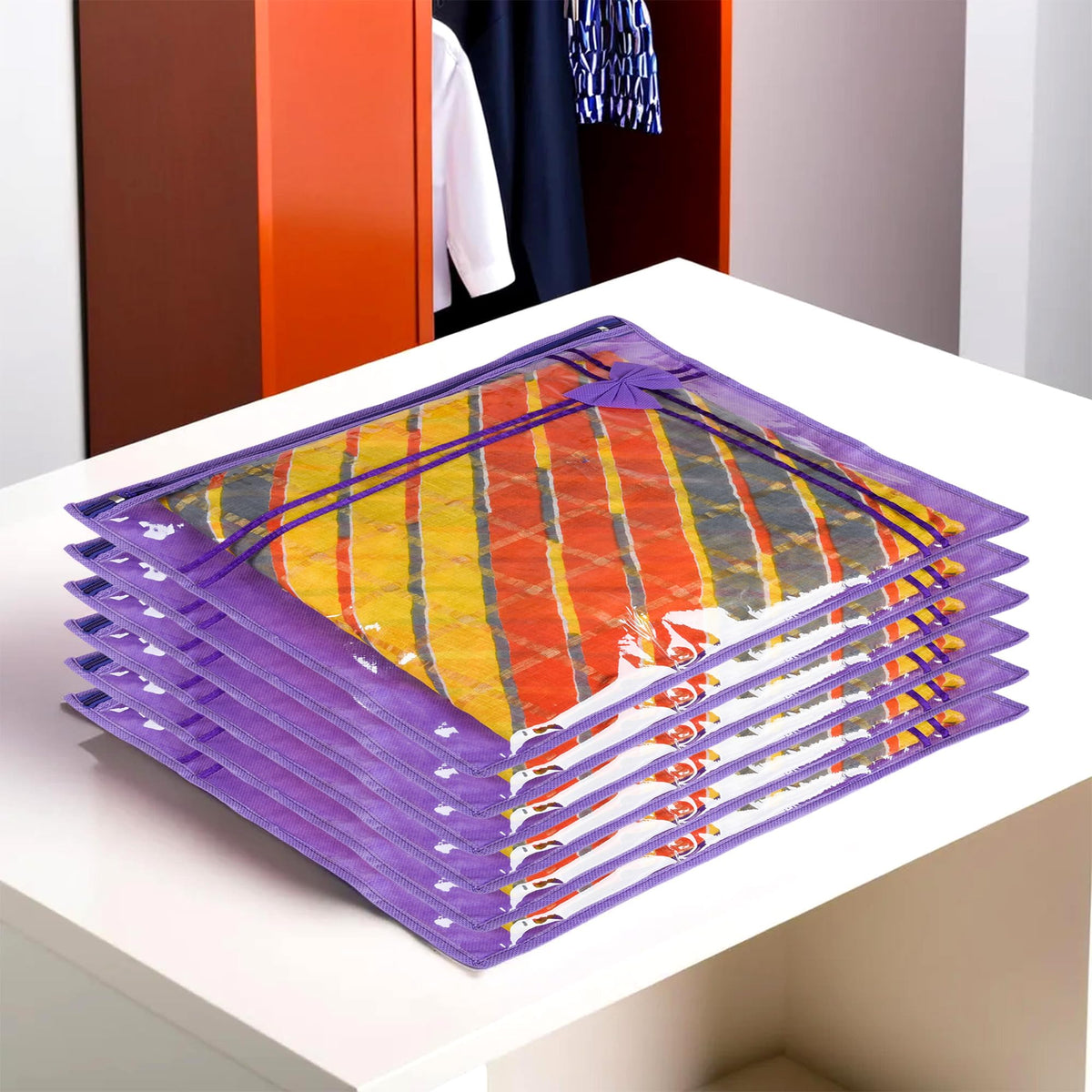 Heart Home Saree Cover | Clothes Storage Bag | Single Packing Saree with Zip Closure | Wardrobe Organizer | Cloth Stoarge Organizer | Bow-Design | Pack of 6 | Purple