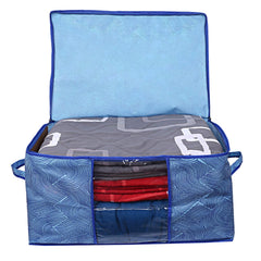 Kuber Industries Lahariya Print Underbed Storage Bag|Non-Woven Comforter, Blanket Cover|Premium Zipper With Side Handles|Multi-purpose Storage Organiser|Pack of 3 (Blue)