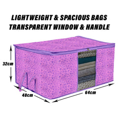 Heart Home Underbed Storage Bag | Clothes Storage Organizer | Blanket Cover with Clear Window | Zipper Closure & Handle Cloth Organizer | Flower-Design | Large | Pack of 2 | Purple