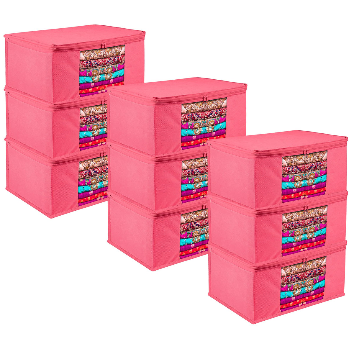 Heart Home Saree Cover | Zip Closure Saree Cover | Clothes Storage Bag | Wardrobe Organiser for Suit | Transparent Window Saree Cover | Plain Saree Cover | 9 inch | Pack of 9 | Pink