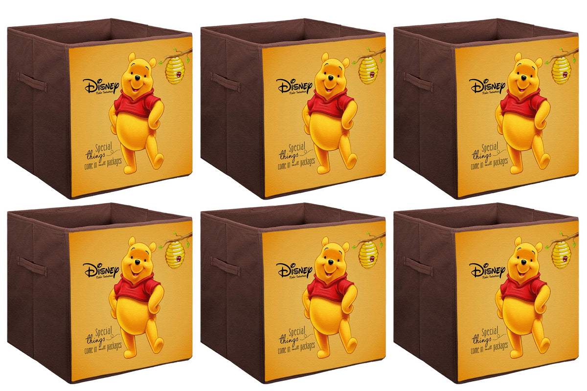 Kuber Industries Disney Winnie-The-Pooh Printed Non-Woven Foldable Storage Bin/Cube/Organizer For Toys, Clothes And Books With Handles- Pack of 6 (Brown) -HS43KUBMART26288
