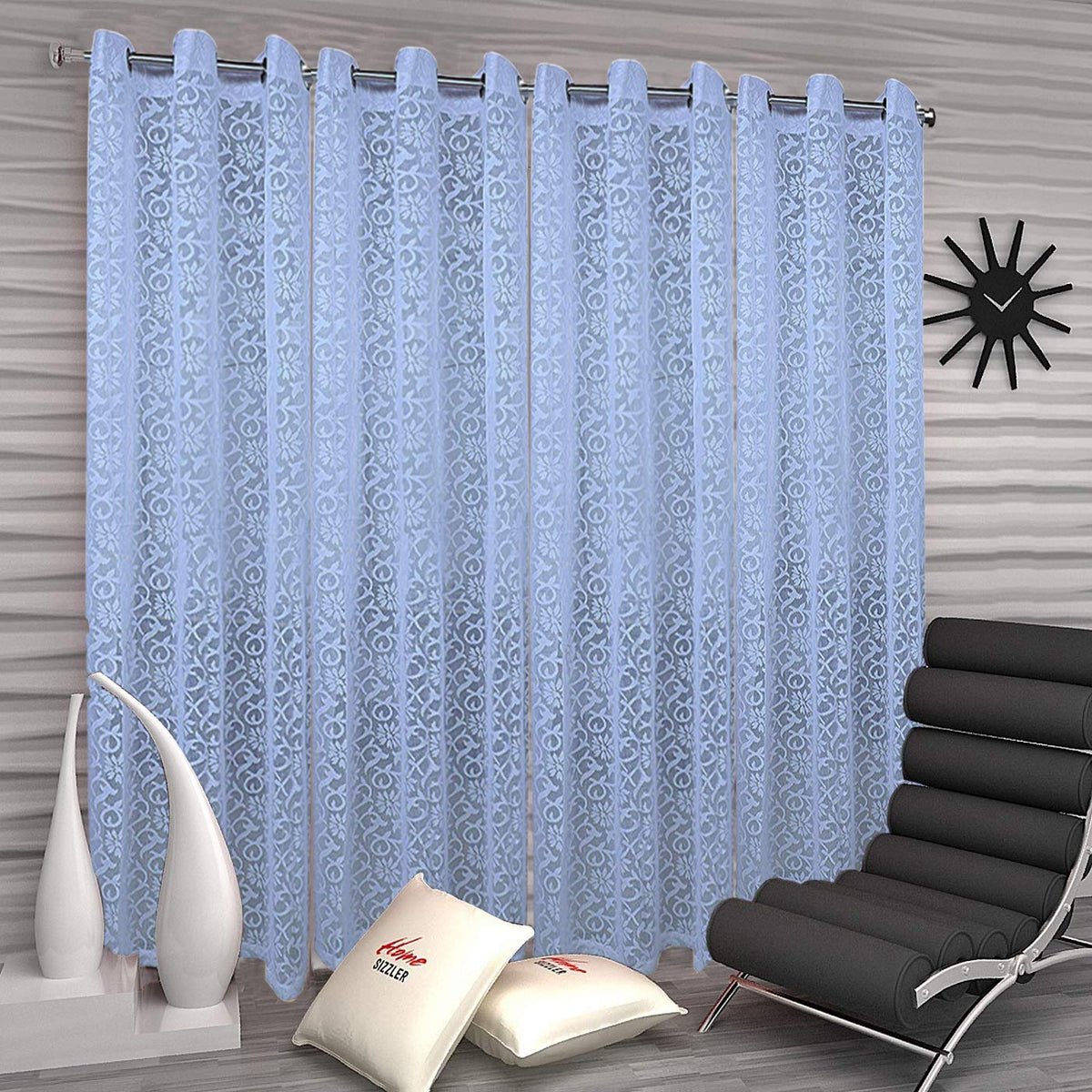 Kuber Industries Flower Design 4 Pieces Sheer Door Curtains Linen Look Semi Transparent Voile Grommet Elegance Curtains (Sky Blue) - CTKTC040507