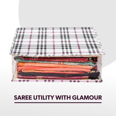 Heart Home Saree Cover | Clothes Storage Bag | Storage Organizer Bag | Zip Closure Saree Cover | Side Transparent Wardrobe Organizer | Check-Design | 6 Inch | Cream