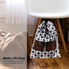 Heart Home Shoe Cover | Travel Shoe Storage Bags | Non-Woven Storage Bags | Shoe Cover with Drawstring | Shoe Organizer with Clear window | Black Dot-Design | Pack of 6 | White