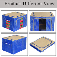 Heart Home Dot Printed Steel Frame Living Box, Closet Organizer, Cloth Storage Boxes for Wardrobe With Clear Window, 24Ltr.- Pack of 2 (Blue & Brown)-44HH0220