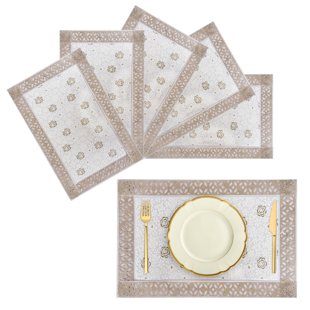 Heart Home Placemat | Placemats for Dining Room | Desginer Table Mat Set | Placemats for Kitchen Table | Dining Table Mats | Gulab Maiva Placemat | 6 Piece Set | Cream