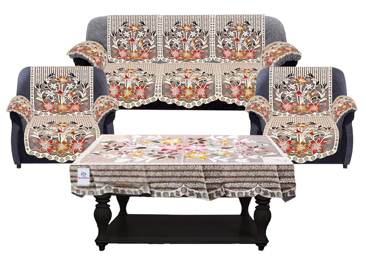 Heart Home Flower Design Cotton 5 Seater Sofa Cover Set with 6 Pieces Arms Cover and 1 Center Table Cover (Set of 17, Brown)-HEART12038,Standard