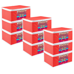 Heart Home Saree Cover | Zip Closure Saree Cover | Clothes Storage Bag | Wardrobe Organiser for Suit | Transparent Window Saree Cover | Plain-White Border | 9 inch | Pack of 9 | Red