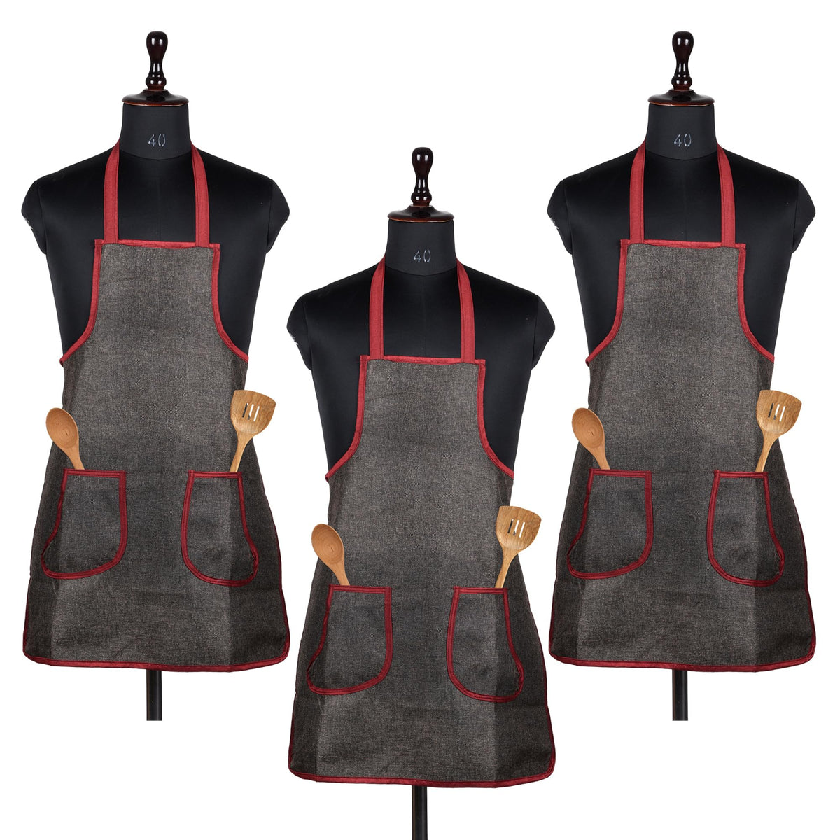 Heart Home Apron | Jute 2 Front Pocket Kitchen Apron | Apron for Restaurent | Apron for Housewife | Chef Apron for Kitchen | Water Resistance Apron | Pack of 3 | Dark Brown